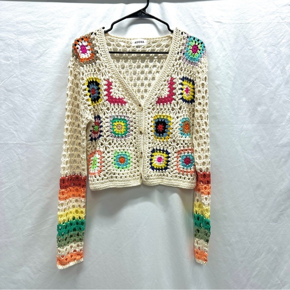 Adora Crochet Granny Square Cardigan Striped Sleeves NWOT Size S - Picture 1 of 8